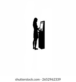 Silhouette of woman using self-checkout machine on white background