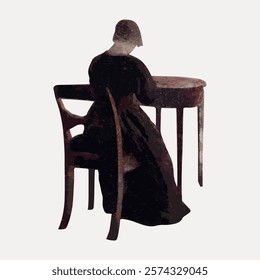 Silhouette of a woman in a vintage dress sitting at a table. The woman is facing away, creating a mysterious and timeless silhouette effect. Vintage style art drawing, isolated vector element.