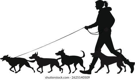 Silhueta de uma mulher andando com cães isolados em um fundo branco 