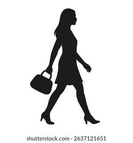Silhouette of a woman walking with a handbag on a plain white background