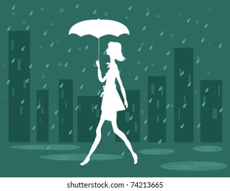 A silhouette of a woman walking in the rain.