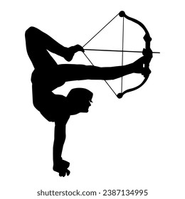 Silhouette of a woman warrior doing archery in hand stand pose.