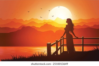  Silhouette of woman watching sunset by the river, peaceful and emotional scenery.
