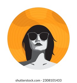 Silhouette of a woman wearing a hat and sunglasses. Vector minimalist black and white portrait of a woman. Round yellow background. Summer icon.