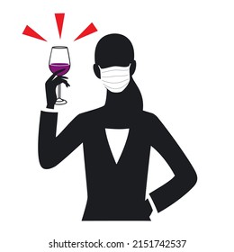 Silhouette of the woman wearing a medical masks having a wineglass