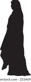 Silhouette of a woman wearing traditional attire, shown from a side angle, representing modesty and cultural identity.  
