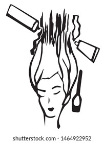 Silhouette of a woman who dyed her hair with different hair dyes. For beauty salons, hairdressers