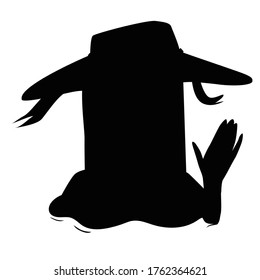 Silhouette of a woman in a wide hat with a raised hand. Emotion of greeting from a mysterious stranger.