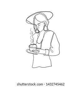 Silhouette woman wit cup of tea in hut. Stylized contemporary fashion portrait. One line continuous hand drawn. Minimalism female avatar. Beauty trendy concept.