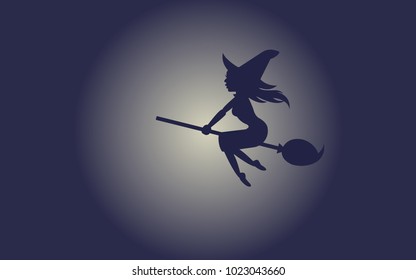 Silhouette of Woman Witch wearing Wizard hat and flying on the Broom at Halloween night. Halloween Vector illustration.