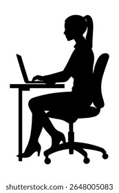 Silhouette of woman working on laptop at desk. Businesswoman typing at laptop. Black vector icon isolated on white background.