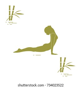 Silhouette of woman yoga pose and bamboo. Relax and meditate. Healthy lifestyle. Balance training. Design for banner and print.