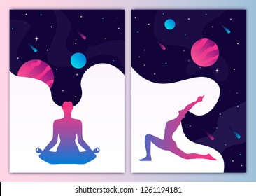 Silhouette of the woman in the yoga pose with hair space, planets and stars. Concept illustration of universe connection and healthy lifestyle. Vector illustration.