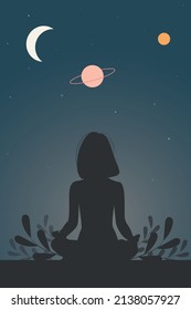 Silhouette of the woman in the yoga pose with planets and stars. Concept illustration of universe connection and healthy lifestyle.