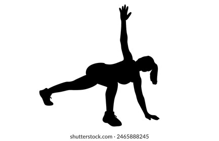 silhouette of woman in a yoga pose pulls her arm up