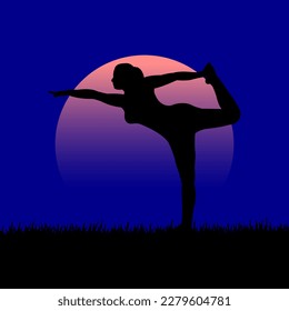 
Silhouette of a woman in a yoga pose under the blue sunset sky