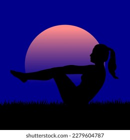 
Silhouette of a woman in a yoga pose under the blue sunset sky