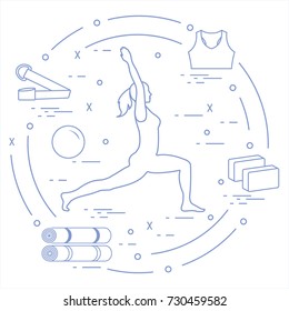 Silhouette of woman yoga pose and various goods for yoga. Relax and meditate. Healthy lifestyle. Balance training. Design for banner and print.