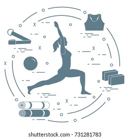 Silhouette of woman yoga pose and various goods for yoga. Relax and meditate. Healthy lifestyle. Balance training. Design for banner and print.