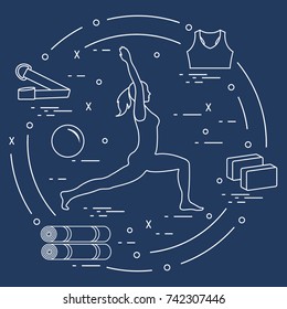Silhouette of woman yoga pose and various goods for yoga. Relax and meditate. Healthy lifestyle. Balance training. Design for banner and print.