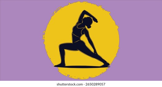Silhouette of a woman in a yoga warrior pose against a yellow abstract oval on a purple background. Keywords: yoga, silhouette, fitness, wellness, pose.