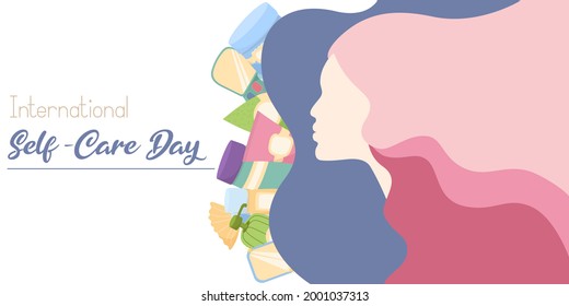 Silhouette of a woman, young woman. Horizontal banner with a profile of a girl with long hair. Illustration with face care products. International Self-Care Day. Self care, love yourself. Vector card.