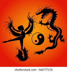 Silhouette of woman-phoenix bird and dragon. Symbol of balance. Dragon that in such a combination would be a symbol of masculine Yang energy, while Phoenix - embody the feminine energy.