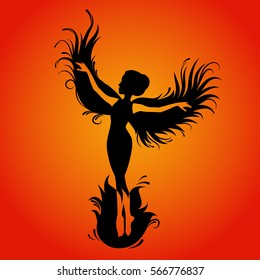 Silhouette of woman-phoenix bird. Fenix. Symbol of immortality. Fiery bird.