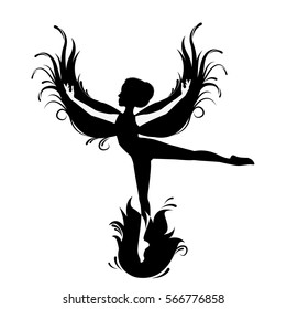 Silhouette of woman-phoenix bird. Red fenix. Symbol of immortality. Fiery bird.