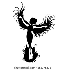 Silhouette of woman-phoenix bird. Red fenix. Symbol of immortality. Fiery bird.