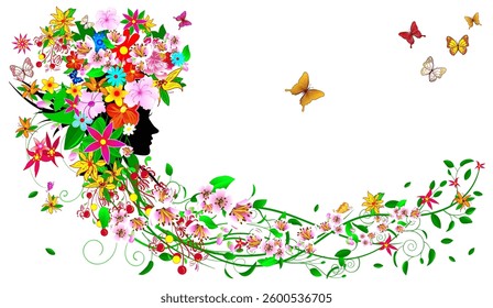Silhouette of a woman's face among flowers and butterflies. Girl with flowers and butterflies. Girl with flowers and butterflies on her head and in her hair.
