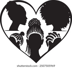 silhouette of a woman's face with different hairstyles. The hairstyles include a bun, braids, twists, and aafro. The woman's face is in the shape of a heart.