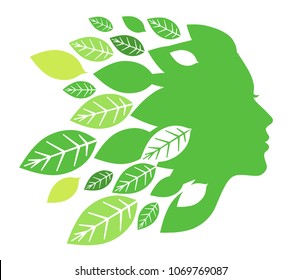 Silhouette of woman's face with green leaves on white background