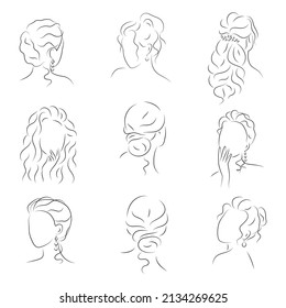 The silhouette of womans face and hairstyle. Set icons for stylists design, logo, or business card. Vector illustration in the style of sketch, line art, minimalism