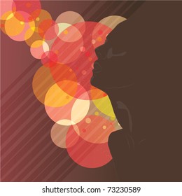 Silhouette woman's face looking up on bubbly background