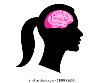 Silhouette of a woman's face with a picture of a brain in her head. The concept of the thinking process, mind, female intuition, problems and misunderstandings. Vector illustration.