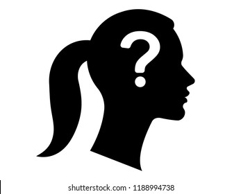 Silhouette of a woman's face with a question mark. The concept of a difficult decision, many questions, lack of knowledge, problems and misunderstandings. Vector illustration.