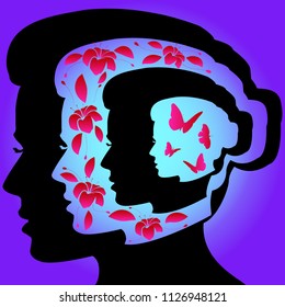 Silhouette of a woman's head, butterflies, flowers, vector