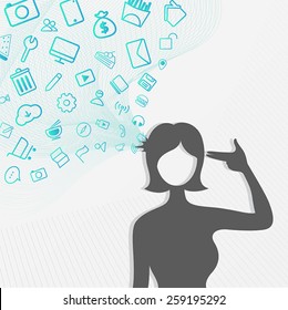 A silhouette woman's head explodes with lots of internet icon flowing while she shot herself, create by vector 