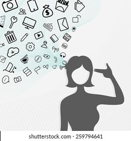 A silhouette woman's head explodes with lots of internet icon flowing while she shot herself, create by vector  