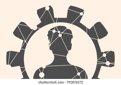 Silhouette of a womans head in the frame of gear. Mental health relative brochure design template. Scientific medical design. Molecule and communication texture. Connected lines with dots.