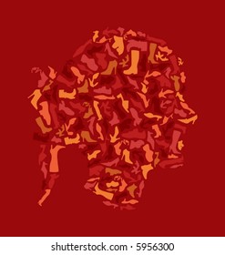 silhouette of woman's head made of different shoe shapes