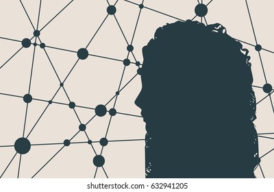 Silhouette of a woman's head. Mental health relative vector brochure, report or flyer design template. Scientific medical designs. Molecule And Communication Background. Connected lines with dots.