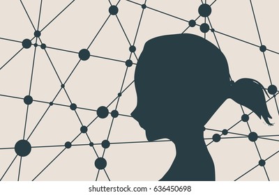 Silhouette of a woman's head. Mental health relative vector brochure, report or flyer design template. Scientific medical designs. Molecule And Communication Background. Connected lines with dots.