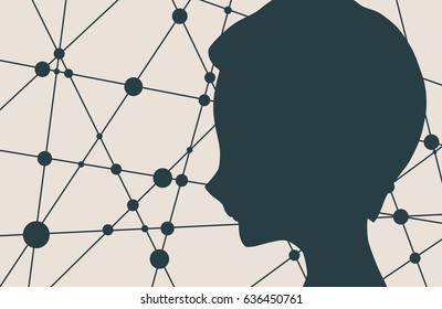 Silhouette of a woman's head. Mental health relative vector brochure, report or flyer design template. Scientific medical designs. Molecule And Communication Background. Connected lines with dots.