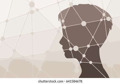 Silhouette of a woman's head. Mental health relative vector brochure, report or flyer design template. Scientific medical designs. Molecule And Communication Background. Connected lines with dots.