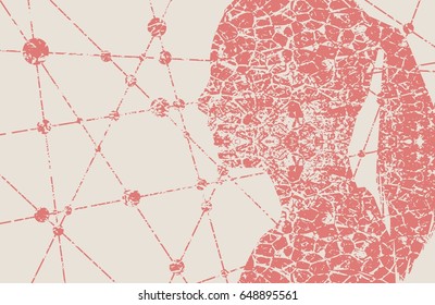 Silhouette of a woman's head. Mental health relative brochure design template. Scientific medical designs. Molecule Communication Background. Connected lines with dots. Grunge cracked texture avatar