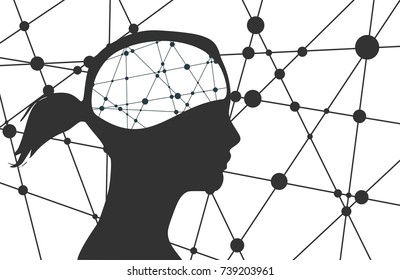 Silhouette of a woman's head. Mental health relative vector brochure, report or flyer design template. Scientific medical designs. Molecule And Communication Background. Connected lines with dots.