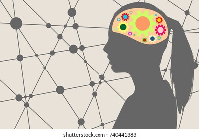 Silhouette of a woman's head. Mental health relative brochure design template. Molecule and communication background. Connected lines with dots. Gears icons in head as symbol of brainstorm or thinking