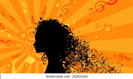 Silhouette of Womans head with Music Hair Background. Vector Illustration